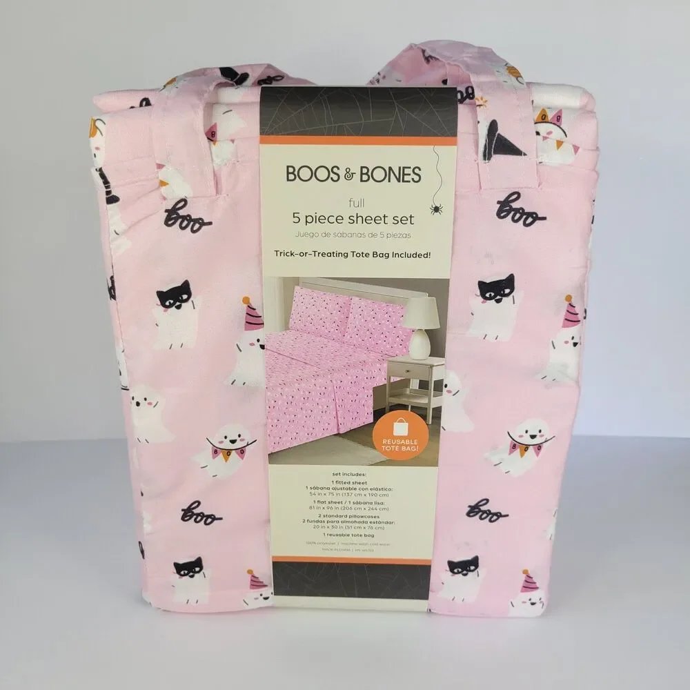 Halloween Pink White Cute Ghosts Boos & Bones FULL 5pc Sheets Set Girls Bedding